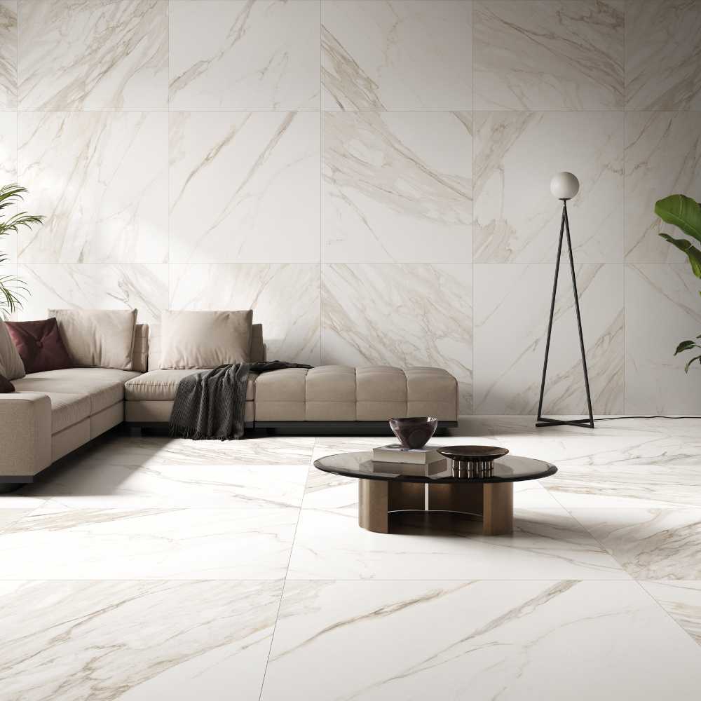 Living room with a Pura Calacatta porcelain floor and wall