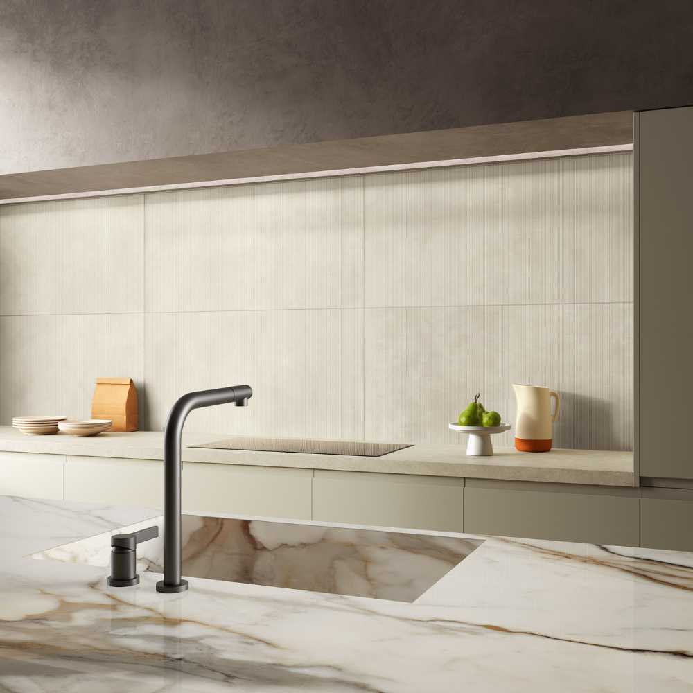 Kitchen with a Harmony concrete-look porcelain backsplash